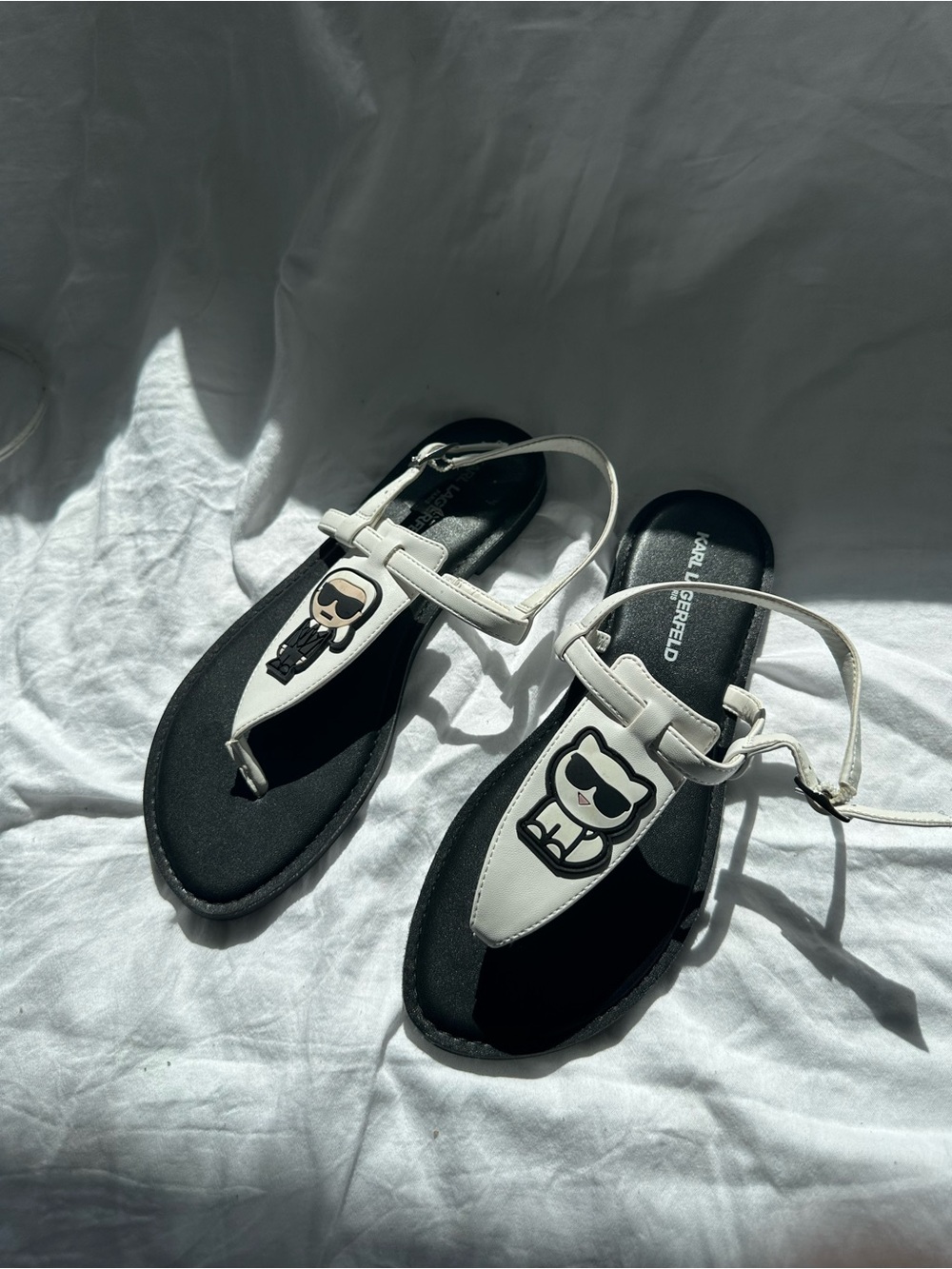 Karl Lagerfeld Black and White Logo Thong Sandals